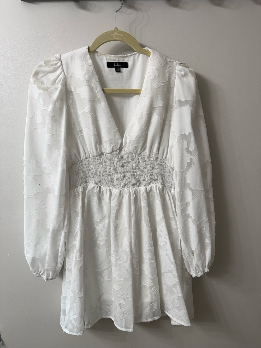 Lulu's White Long Sleeve Textured Smocked Mini Dress